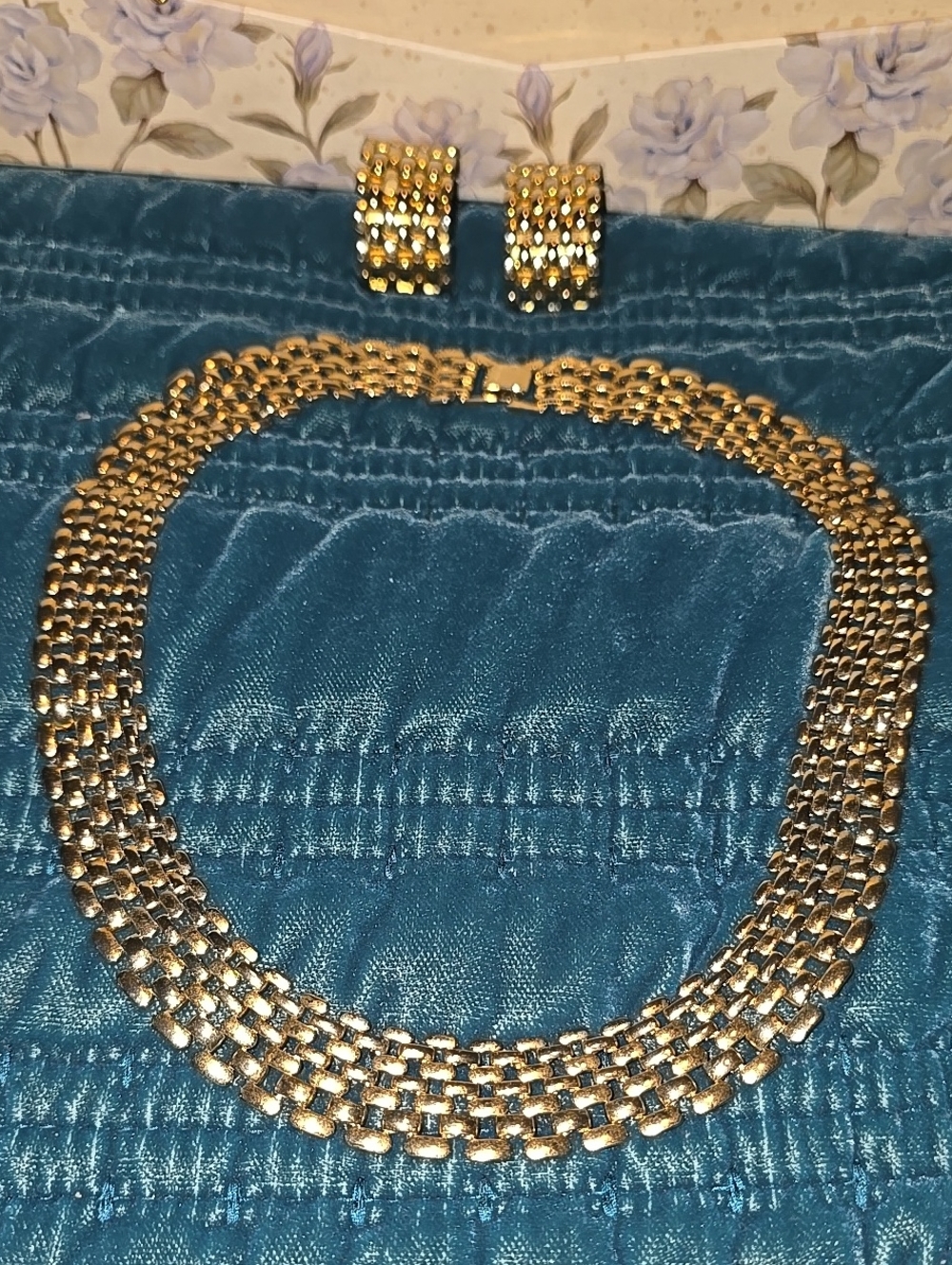 Vintage Gold Multi-Row Woven Necklace with Matching Clip-On Earrings